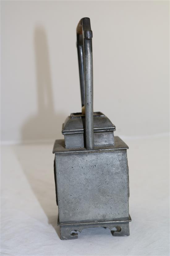 A Chinese pewter rectangular teapot, 19th century, height 21cm, faults